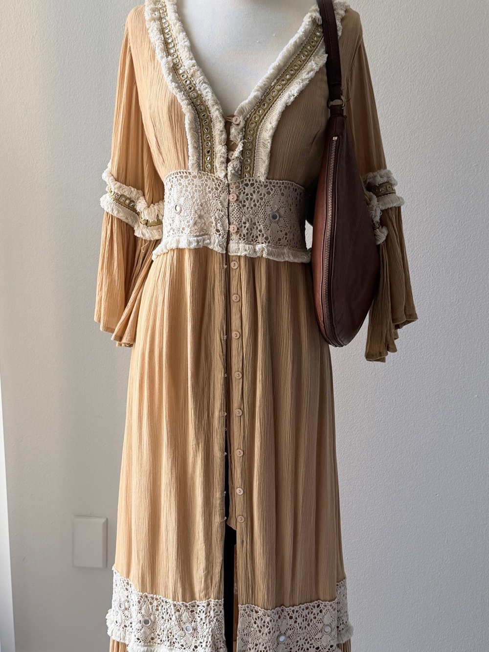 Bohemian Crochet-Trim Maxi Dress in Beige